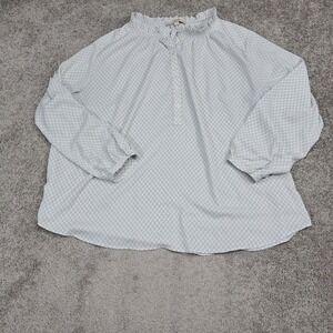 Loft Plus Womens 20 Blouse Gray White Geometric Ruffle Neck Button Front Top